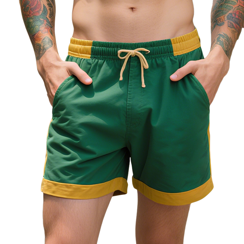 Men's Retro Casual Cotton Colorblock Drawstring Shorts MTA1475E4TO