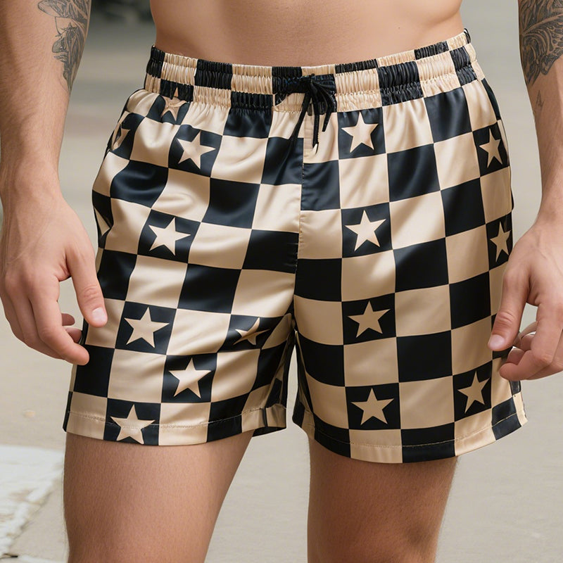 Men's Retro Checkerboard Star Colorblock Casual Print Satin Drawstring Shorts MTA1630E0TO