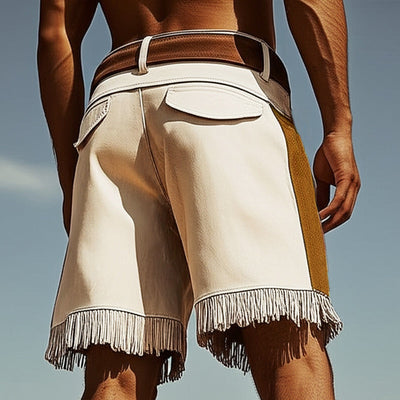 Men's Summer Western Cowboy Style Suede Colorblock Tassel Shorts MTA0709E6U