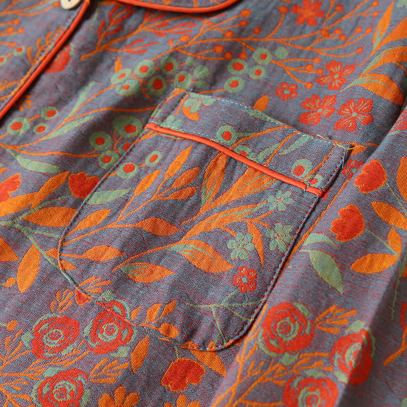 Maisie - Vintage Leaf Cotton Lapel Loungewear Set