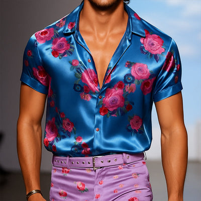 Men's Retro Casual Floral Print Satin Lapel Short Sleeve Shirt MTA2080E8TO