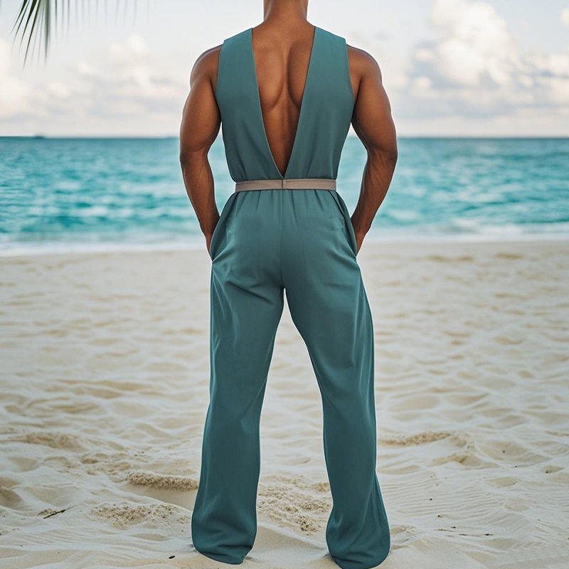 Men's Summer Fashion Hawaiian Vacation Style Cotton and Linen Wood Button Deep V Neck Jumpsuit (Without Belt) MTA2578D8K