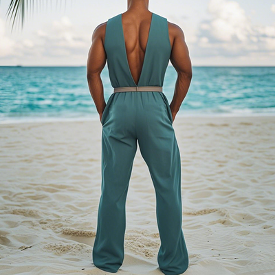 Men's Summer Fashion Hawaiian Vacation Style Cotton and Linen Wood Button Deep V Neck Jumpsuit (Without Belt) MTA2578D8K