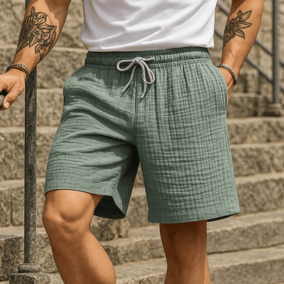Men's Casual Breathable Cotton Linen Bubble Wrinkle Elastic Waist Loose Vacation Shorts MTA1444E1M