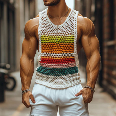 【24-hour shipping out】Men's Casual Round Neck Color Striped Crochet Tank Top MTA0774D7M
