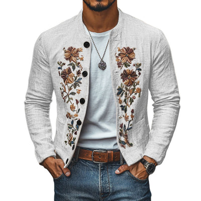 【24-hour shipping out】Men's Casual Linen Embroidered Stand Collar Single Breasted Slim Fit Jacket 48687422M