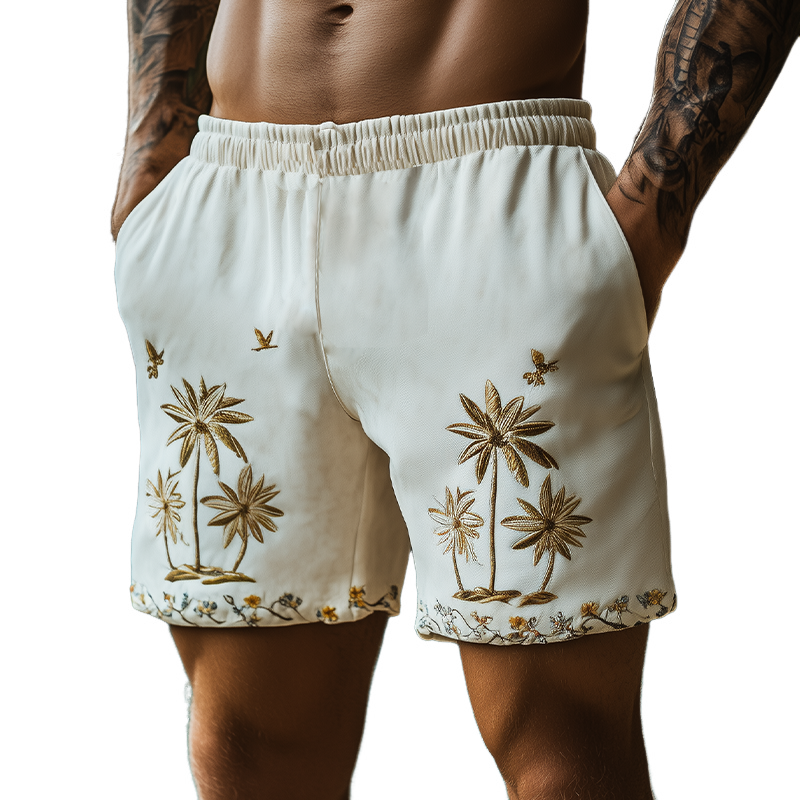 Men's Summer Fashion Casual Hawaiian Style Thin Suede Embroidered Elastic Waist Beach Shorts MTA2317D8K