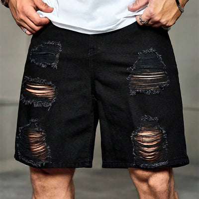 Men's Summer Loose Black Ripped Denim Shorts MTA0177D2U