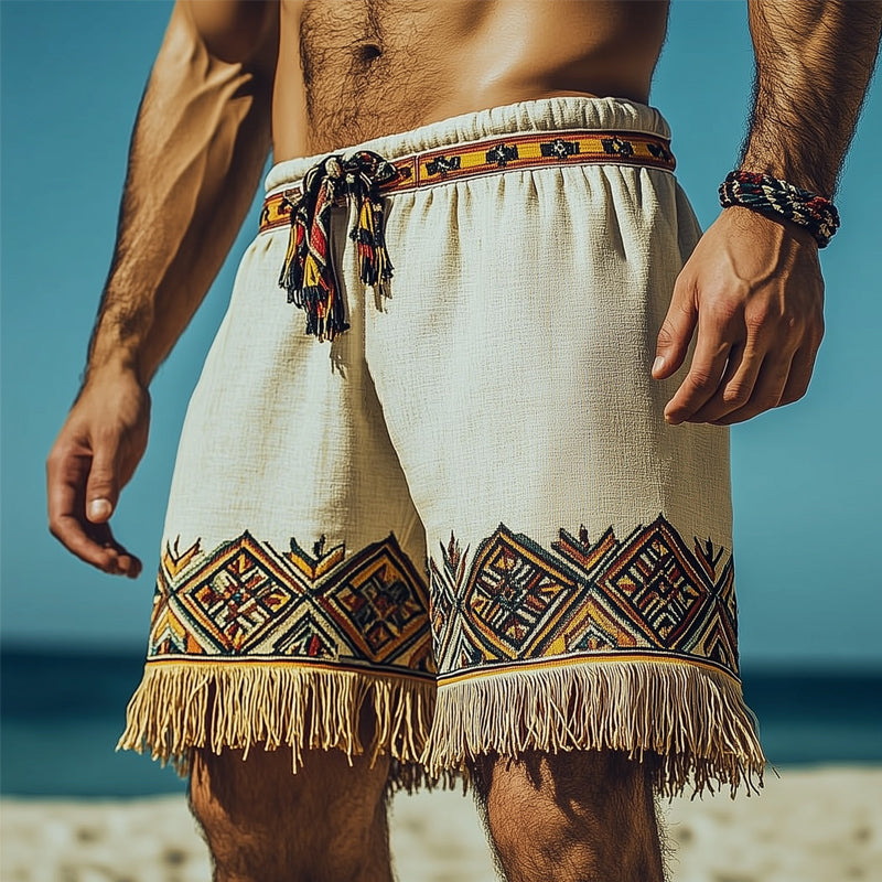 Men's Summer Retro Ethnic Style Printed Tassel Shorts MTA1016D4U