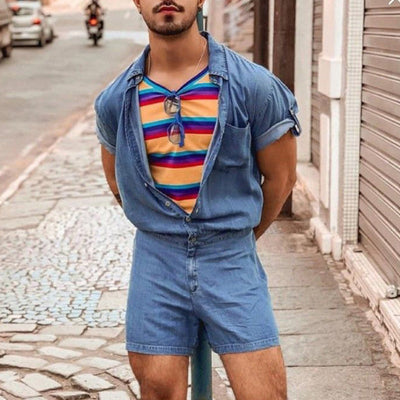 Men's Casual Denim Shorts Short Sleeve Jumpsuit MTA1083D9X