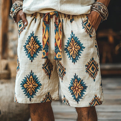 Men's Retro Casual Ethnic Style Printed Linen Shorts MTA1177D9TO