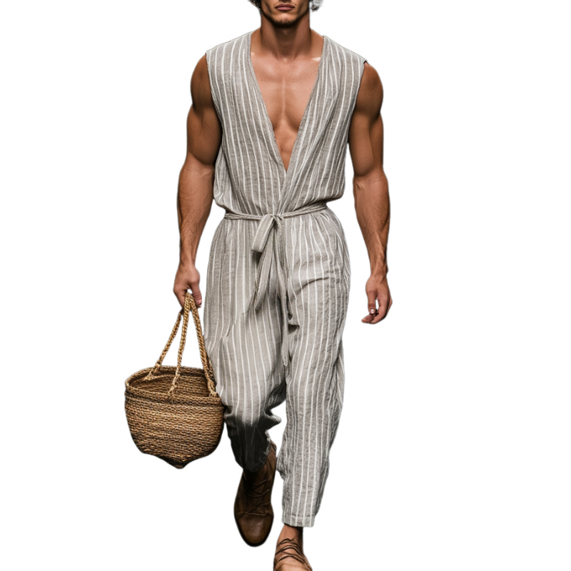 Men's Casual Breathable Cotton Linen Striped V-Neck Sleeveless Belted Loose Jumpsuit MTA1093D4M
