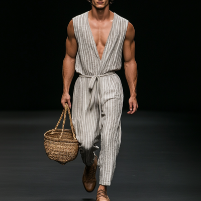 Men's Casual Breathable Cotton Linen Striped V-Neck Sleeveless Belted Loose Jumpsuit MTA1093D4M