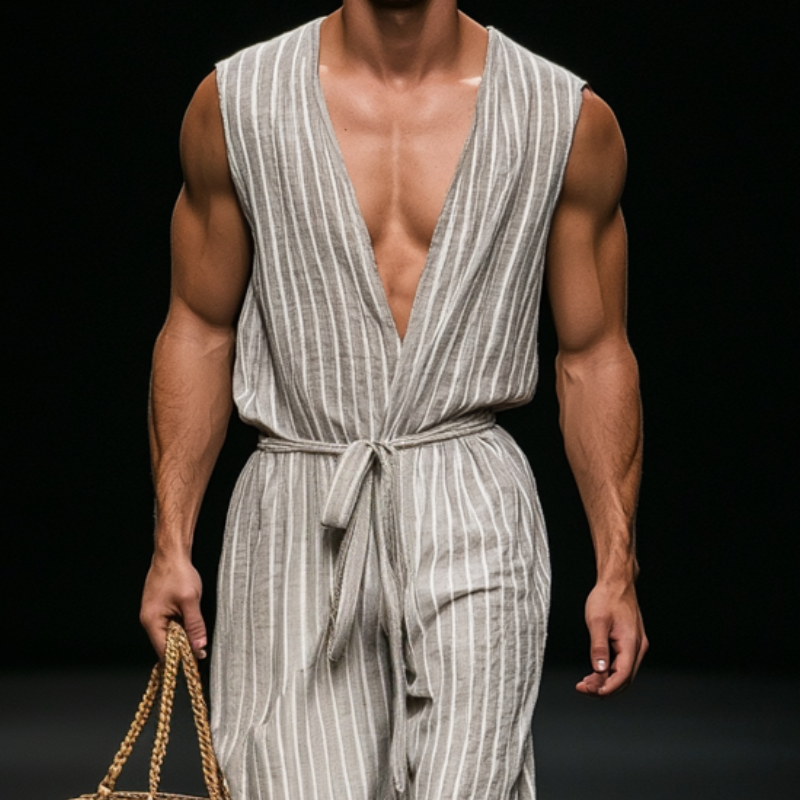 Men's Casual Breathable Cotton Linen Striped V-Neck Sleeveless Belted Loose Jumpsuit MTA1093D4M