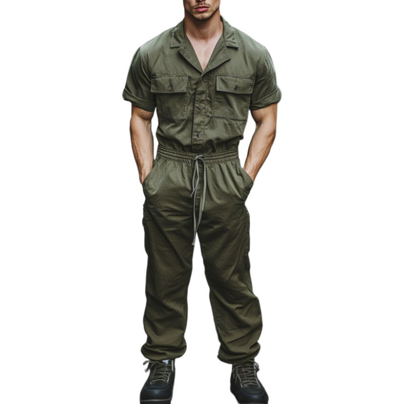 Men's Casual Comfort Cotton Cuban Collar Chest Pocket Short Sleeve Slim Fit Workwear Jumpsuit MTA1013D4M