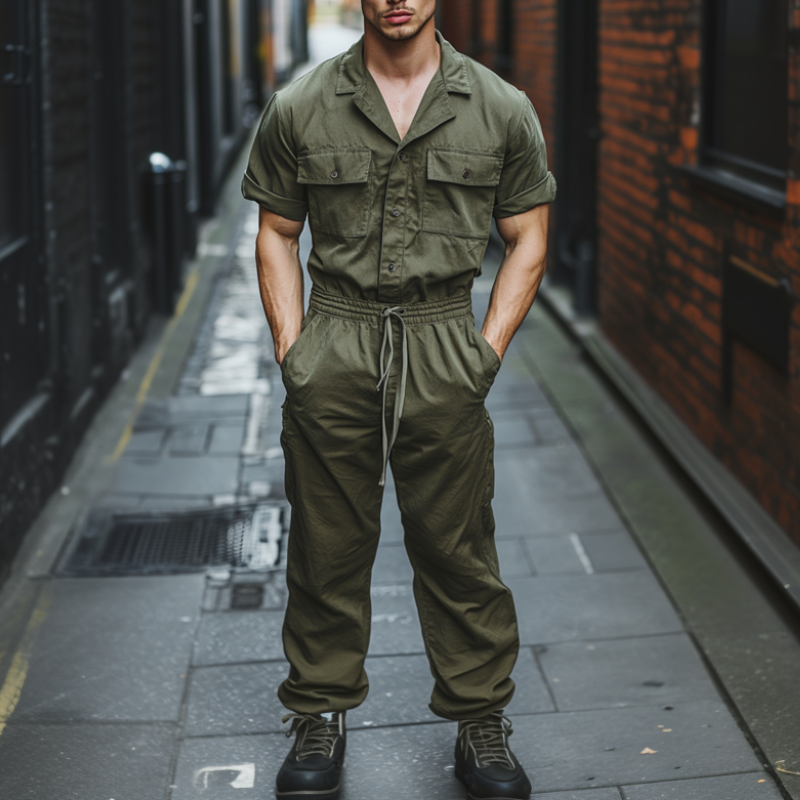 Men's Casual Comfort Cotton Cuban Collar Chest Pocket Short Sleeve Slim Fit Workwear Jumpsuit MTA1013D4M