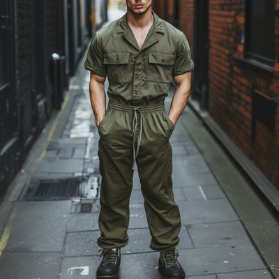 Men's Casual Comfort Cotton Cuban Collar Chest Pocket Short Sleeve Slim Fit Workwear Jumpsuit MTA1013D4M