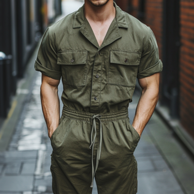 Men's Casual Comfort Cotton Cuban Collar Chest Pocket Short Sleeve Slim Fit Workwear Jumpsuit MTA1013D4M