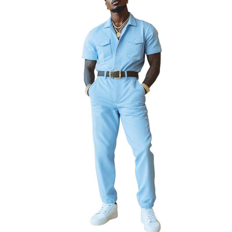 Men's Casual Comfort Cotton Lapel Chest Pocket Short Sleeve Slim Fit Workwear Jumpsuit (Belt Excluded) MTA1045D6M