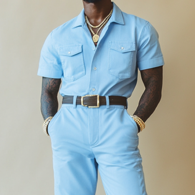 Men's Casual Comfort Cotton Lapel Chest Pocket Short Sleeve Slim Fit Workwear Jumpsuit (Belt Excluded) MTA1045D6M
