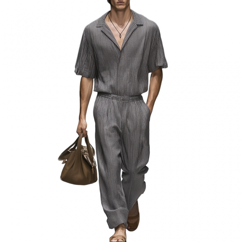 Men's Casual Comfortable Cotton Striped Lapel Short Sleeve Loose Holiday Jumpsuit MTA1056D8M