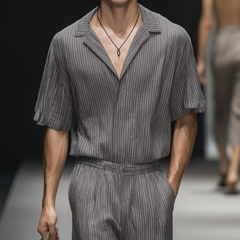 Men's Casual Comfortable Cotton Striped Lapel Short Sleeve Loose Holiday Jumpsuit MTA1056D8M