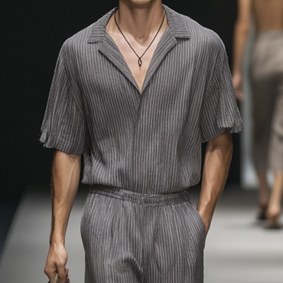 Men's Casual Comfortable Cotton Striped Lapel Short Sleeve Loose Holiday Jumpsuit MTA1056D8M