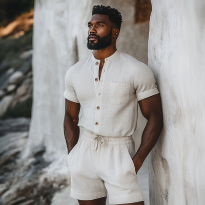 Men's Casual Linen Stand Collar Slim Fit Patch Pockets Short Sleeve Shorts Jumpsuit MTA1064D1M