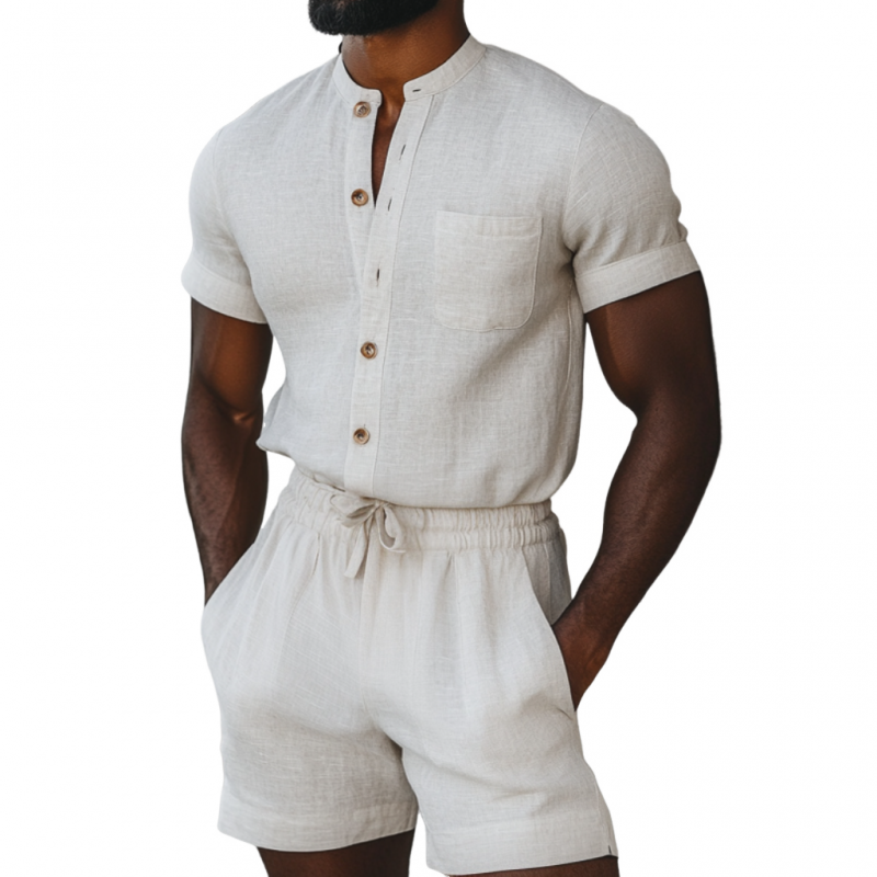 Men's Casual Linen Stand Collar Slim Fit Patch Pockets Short Sleeve Shorts Jumpsuit MTA1064D1M
