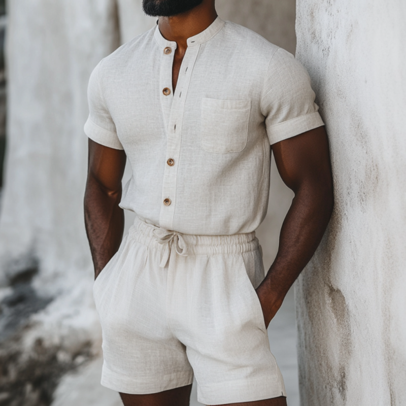 Men's Casual Linen Stand Collar Slim Fit Patch Pockets Short Sleeve Shorts Jumpsuit MTA1064D1M