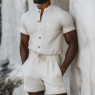 Men's Casual Linen Stand Collar Slim Fit Patch Pockets Short Sleeve Shorts Jumpsuit MTA1064D1M