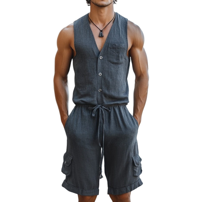 Men's Casual Linen V-neck Single Breasted Slim Fit Sleeveless Shorts Jumpsuit MTA1072D4M