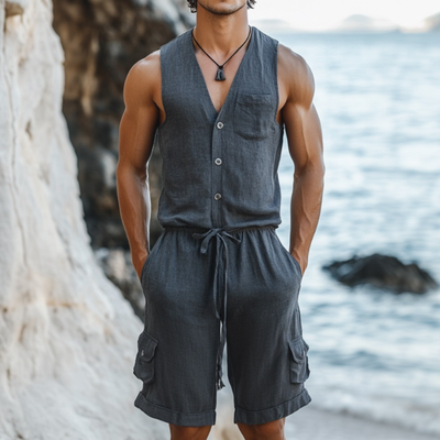 Men's Casual Linen V-neck Single Breasted Slim Fit Sleeveless Shorts Jumpsuit MTA1072D4M