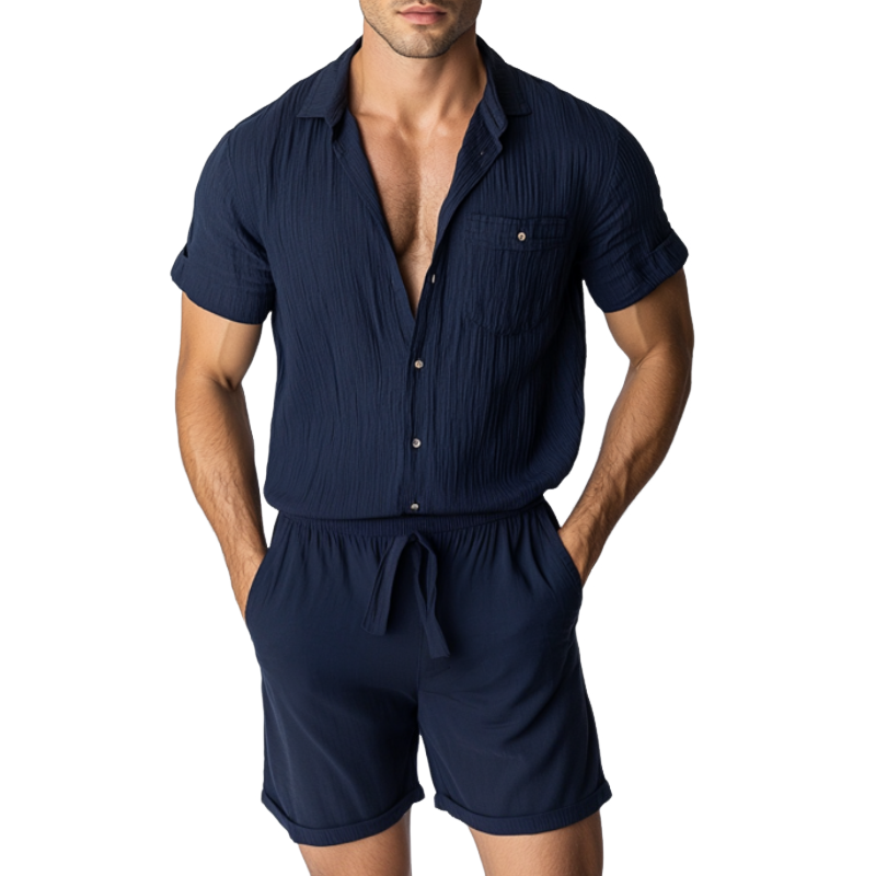 Men's Casual Cotton Linen Pleated Lapel Patch Pockets Short Sleeve Shorts Slim Fit Jumpsuit MTA1023D8M