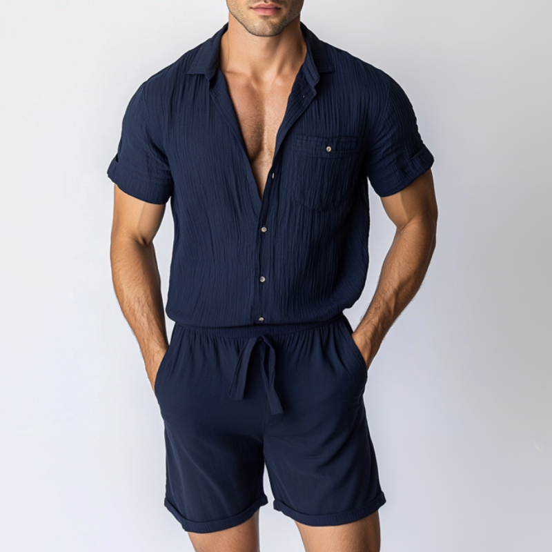 Men's Casual Cotton Linen Pleated Lapel Patch Pockets Short Sleeve Shorts Slim Fit Jumpsuit MTA1023D8M
