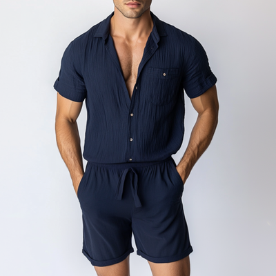 Men's Casual Cotton Linen Pleated Lapel Patch Pockets Short Sleeve Shorts Slim Fit Jumpsuit MTA1023D8M