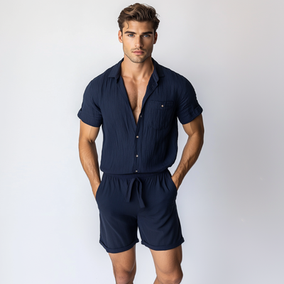 Men's Casual Cotton Linen Pleated Lapel Patch Pockets Short Sleeve Shorts Slim Fit Jumpsuit MTA1023D8M