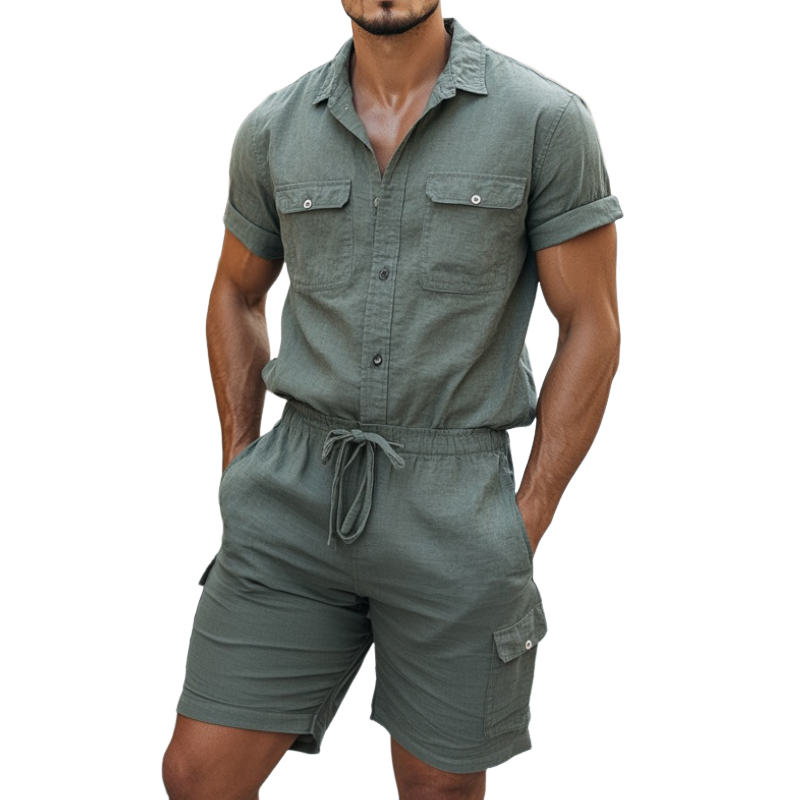 Men's Casual Cotton Linen Lapel Multi-Pocket Short Sleeve Shorts Slim Fit Cargo Jumpsuit MTA1075D9M