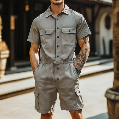Men's Casual Breathable Cotton Lapel Multi-Pocket Short Sleeve Shorts Cargo Jumpsuit MTA1012D1M