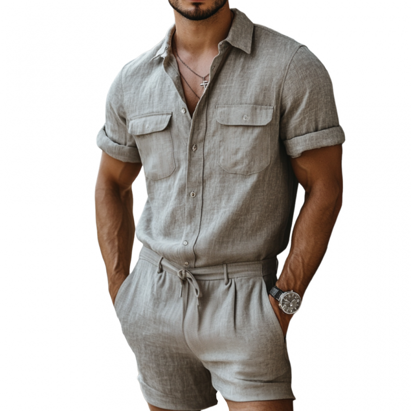 Men's Casual Breathable Cotton Lapel Multi-Pocket Short Sleeve Shorts Slim Fit Jumpsuit MTA1094D1M