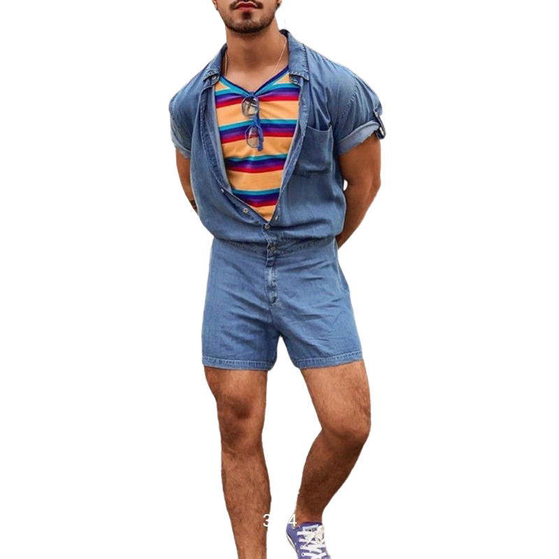 Men's Casual Denim Shorts Short Sleeve Jumpsuit MTA1083D9X