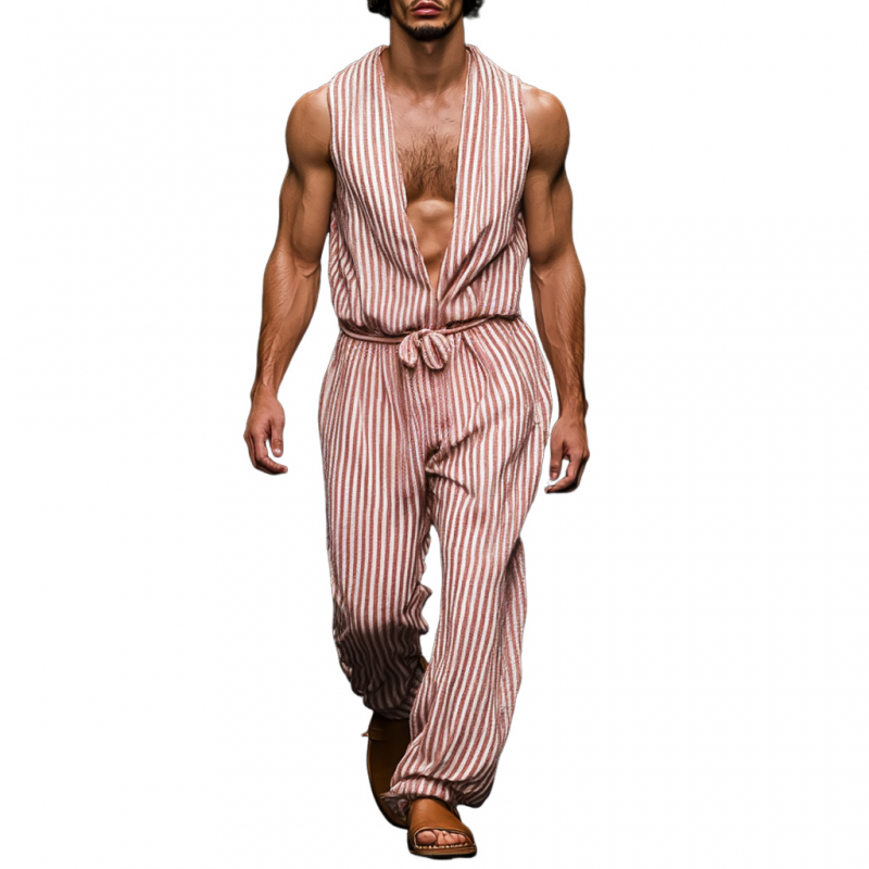 Men's Casual Breathable Cotton Linen Striped Deep V Neck Sleeveless Loose Jumpsuit MTA1166D2M