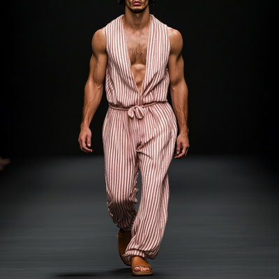 Men's Casual Breathable Cotton Linen Striped Deep V Neck Sleeveless Loose Jumpsuit MTA1166D2M