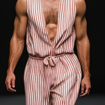 Men's Casual Breathable Cotton Linen Striped Deep V Neck Sleeveless Loose Jumpsuit MTA1166D2M