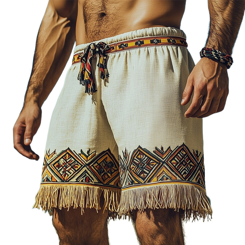 Men's Summer Retro Ethnic Style Printed Tassel Shorts MTA1016D4U