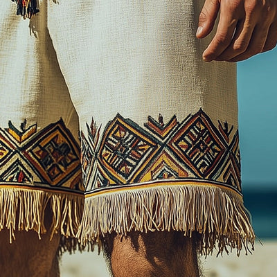 Men's Summer Retro Ethnic Style Printed Tassel Shorts MTA1016D4U