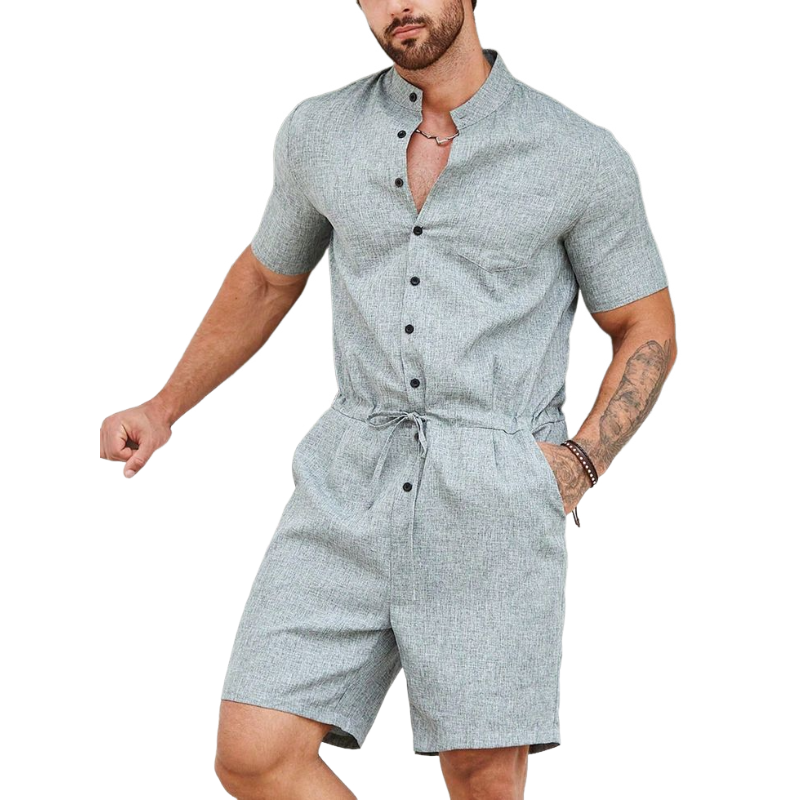 Men's Casual Breathable Cotton Linen Stand Collar Patch Pocket Short Sleeve Shorts Jumpsuit MTA1092D5M