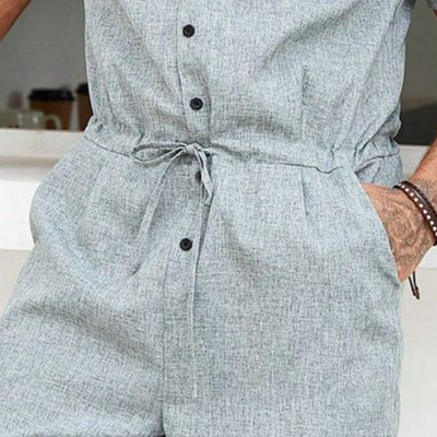 Men's Casual Breathable Cotton Linen Stand Collar Patch Pocket Short Sleeve Shorts Jumpsuit MTA1092D5M