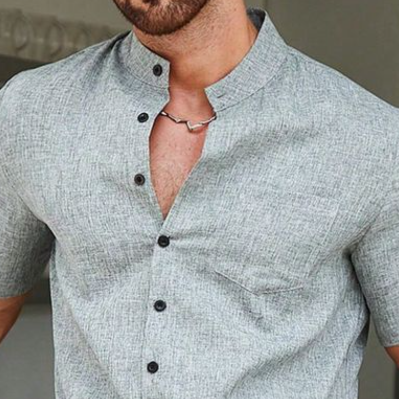 Men's Casual Breathable Cotton Linen Stand Collar Patch Pocket Short Sleeve Shorts Jumpsuit MTA1092D5M