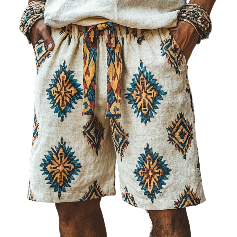Men's Retro Casual Ethnic Style Printed Linen Shorts MTA1177D9TO